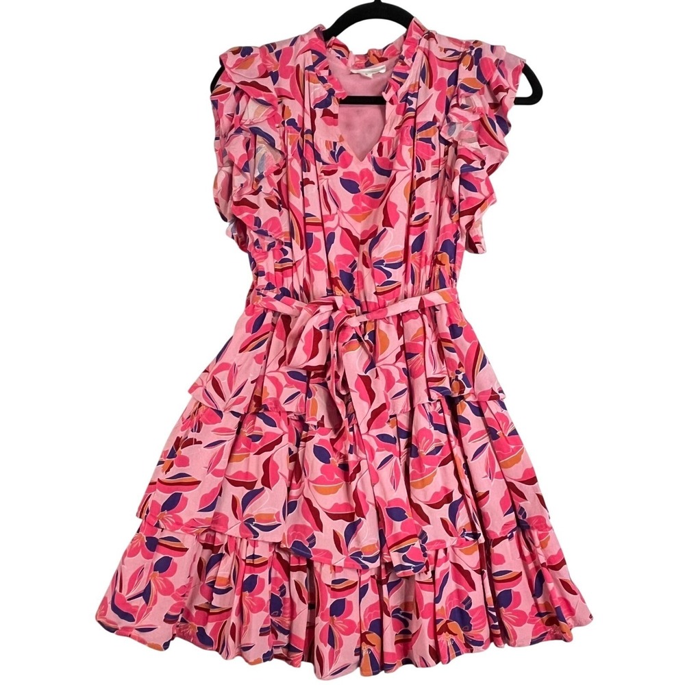 &Merci Floral Tiered Ruffle Mini Dress Pink Orange Purple Small Cottagecore